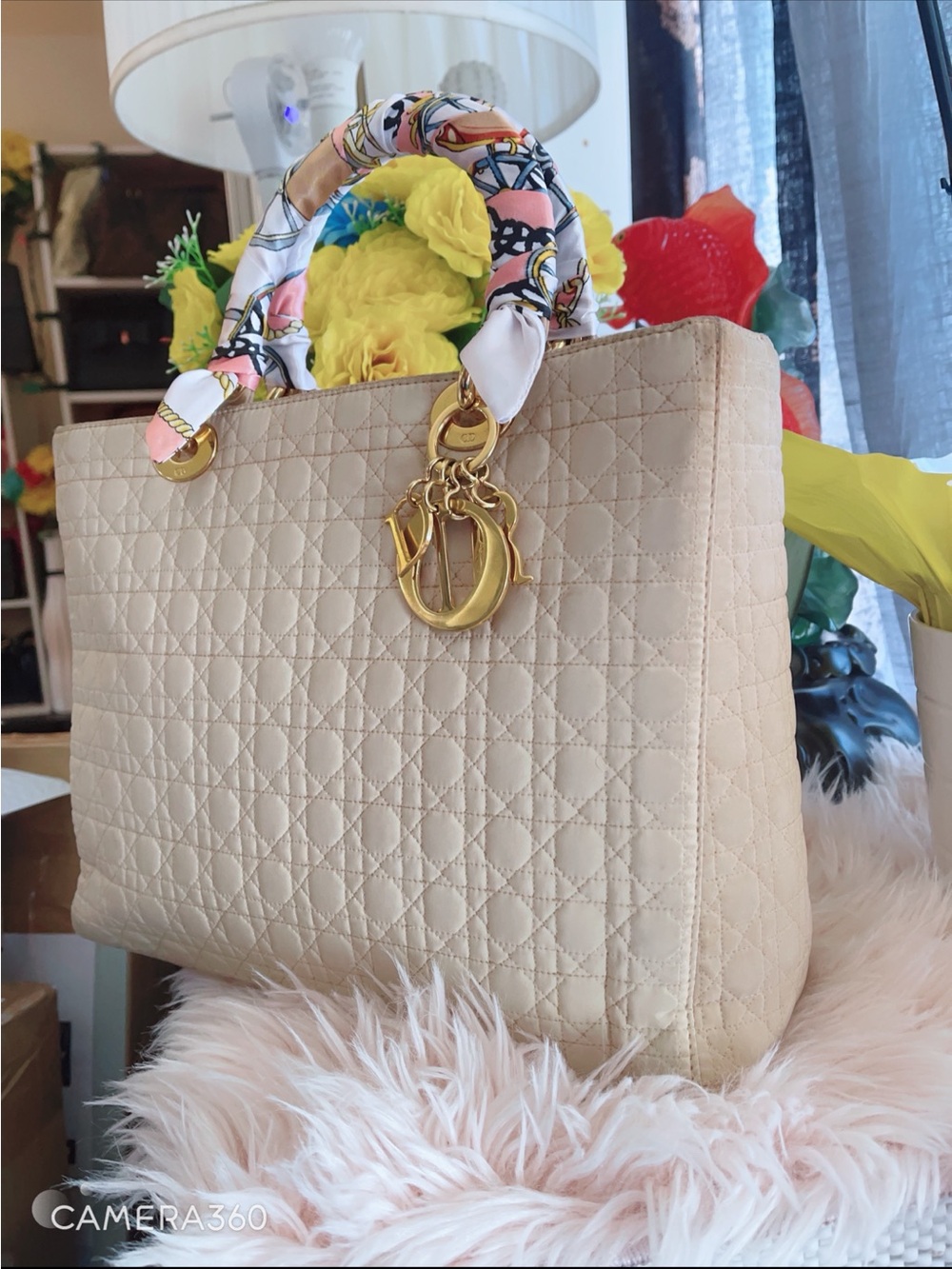 Dior Beige Quilted Tote with Gold Charms and Patterned Handle Wrap - Picture 9 of 10